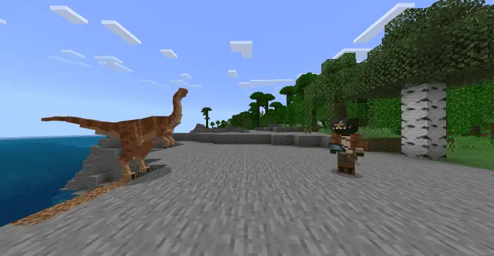 Player faces dinosaur on a prehistoric shore