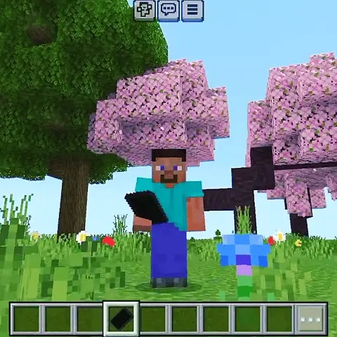 Blocky character holding a smartphone outdoors