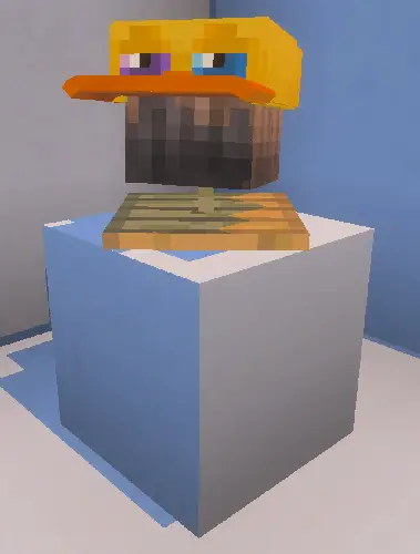 Blocky mannequin wearing a yellow duck hat