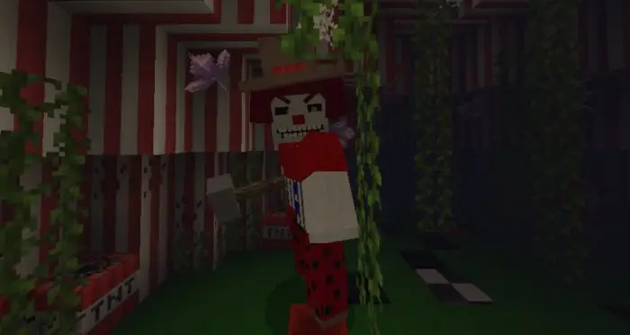Creepy clown with axe in striped room