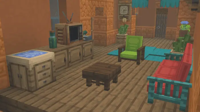Colorful blocky living room with custom furniture
