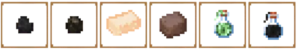 1. Small coal bit in frame 2. Dark fuel piece in frame 3. Light fuel chunk in frame 4. Brownish fuel lump in frame 5. Green p