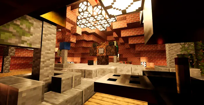 Brick-walled room with glowing ceiling lights