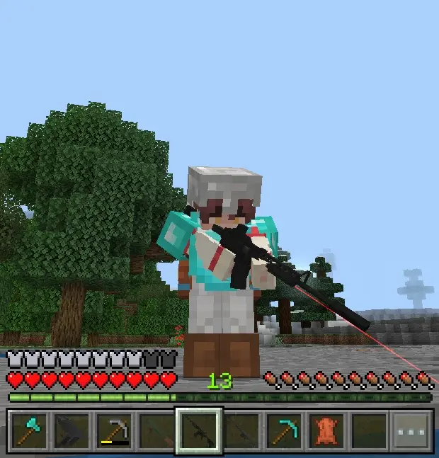 Pemain berbaju besi mengarahkan senapan dengan penglihatan laser