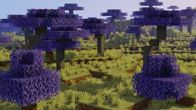 Whimsical purple trees in a fantasy landscape