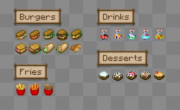 Pixel art of burgers, fries, drinks, and desserts
