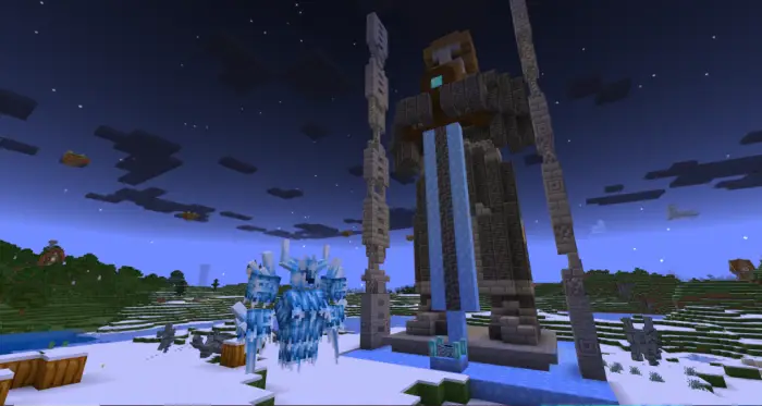Giant statue and icy mobs under starry sky