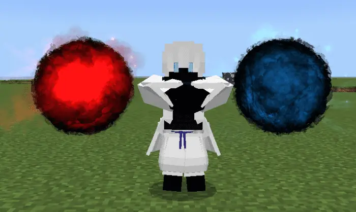 Anime sorcerer with red and blue orbs