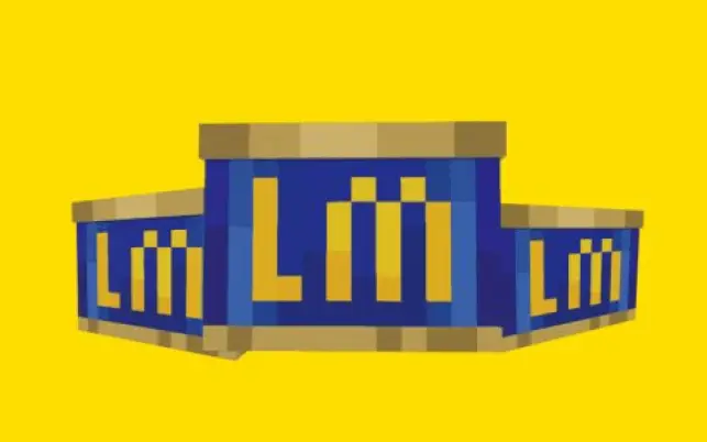 Blue and gold pixelated box with yellow text