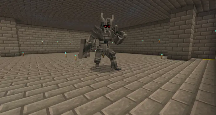 Robotic knight with glowing red eyes indoors