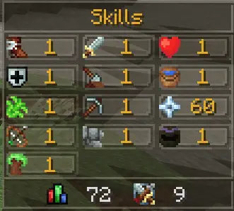 Skill levels menu with various RPG stats