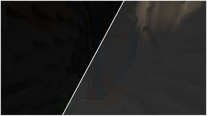 Split view dark cave vs. night vision cave