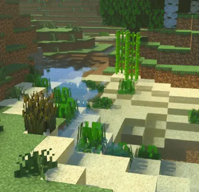 Realistic lighting on a blocky riverbank scene