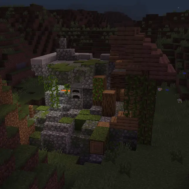 Mossy stone blacksmith house at night