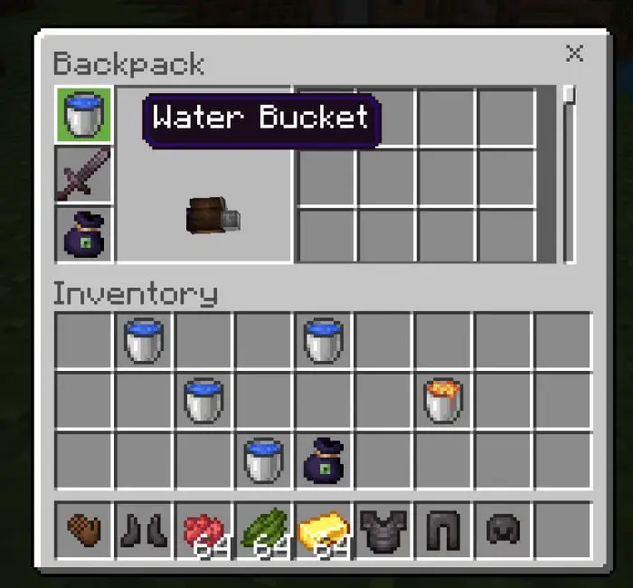 Backpack inventory screen with items shown.