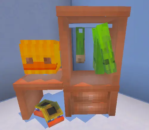 Armor cosmetics displayed on a wooden shelf