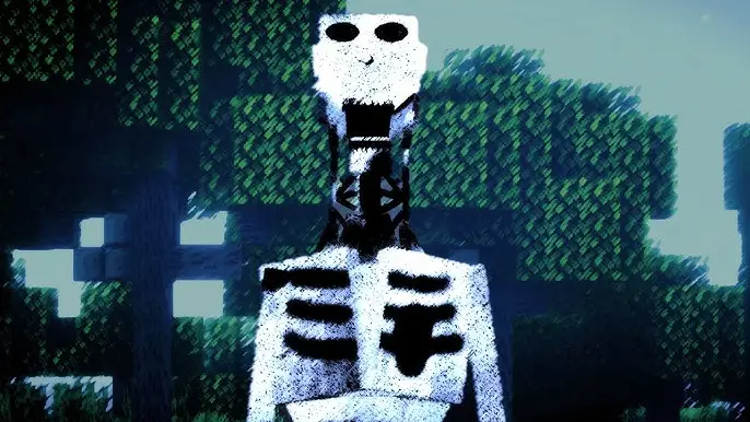 Sinister skeletal creature in pixel forest