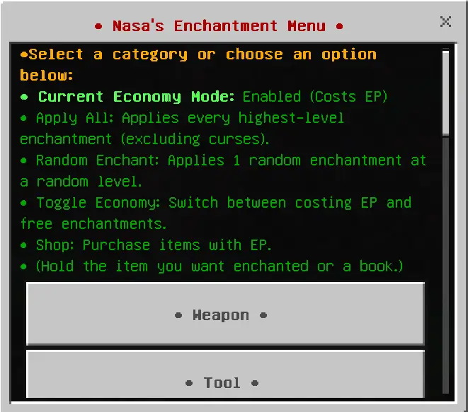 Enchantment menu with weapon and tool options