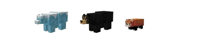 Three blocky bears ice, black, and red panda.