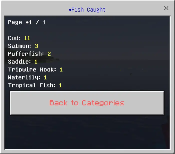Fish caught stats menu with item counts.