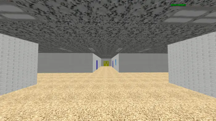 School hallway with gray walls and yellow doors