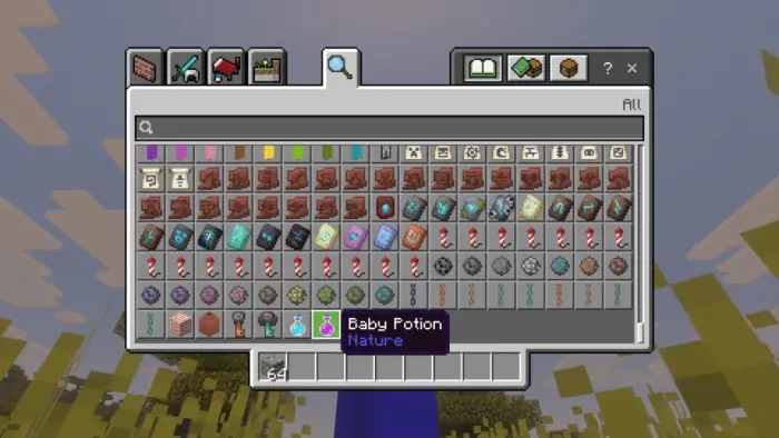 Inventory with highlighted Baby Potion item
