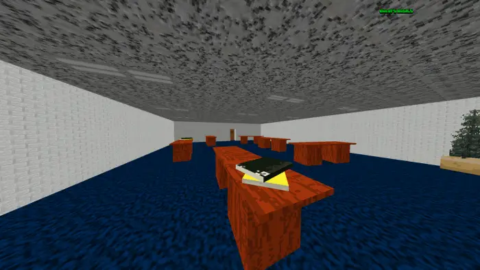 Blocky classroom with desks and blue carpet
