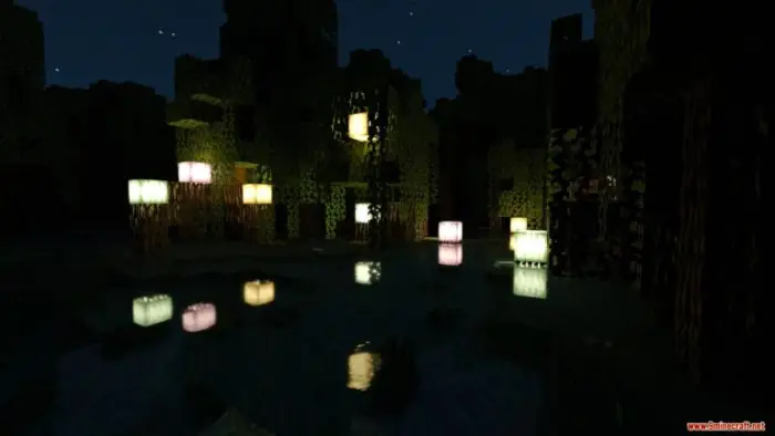 Glowing lanterns reflect on water at night.