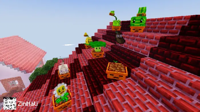 Blocky plants on red brick stairs in-game