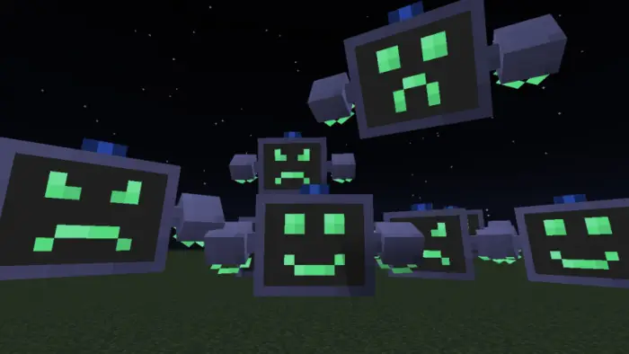 Blocky robotic mobs with glowing faces at night