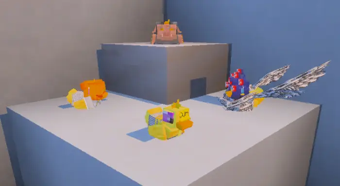 Colorful rubber ducks with unique skins displayed.