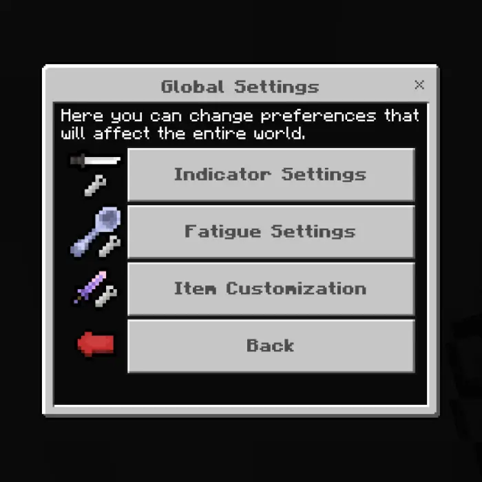 Global settings menu with tool icons.
