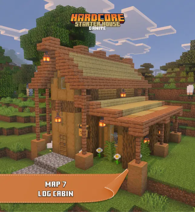 Log cabin starter house with lanterns.