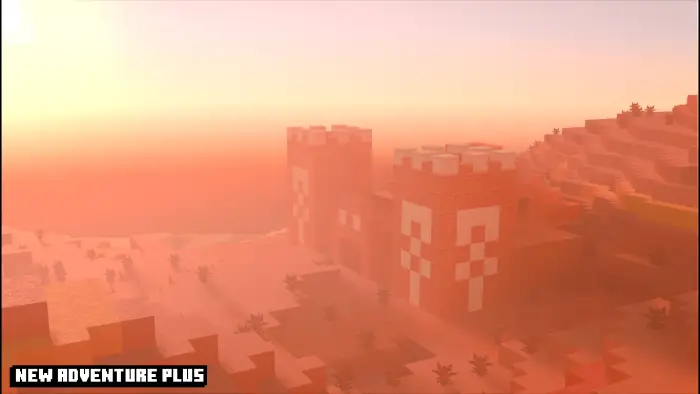 Desert temple at sunset with hazy lighting
