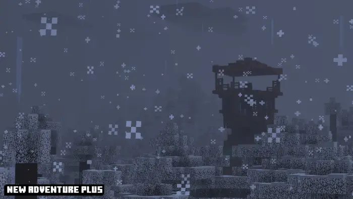 Snowy forest with a dark wooden watchtower