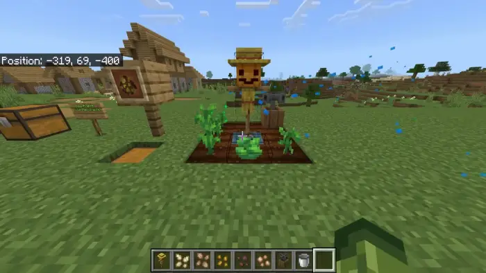 Small garden with scarecrow and crops.