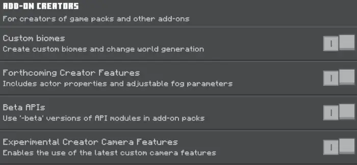 Add-on creator options and toggle switches