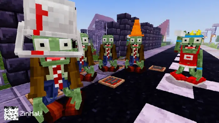 Blocky zombies with helmets on a street