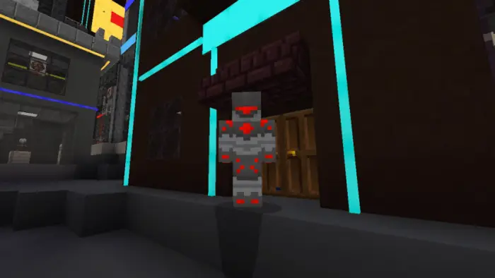 Robot character stands by neon-lit building.