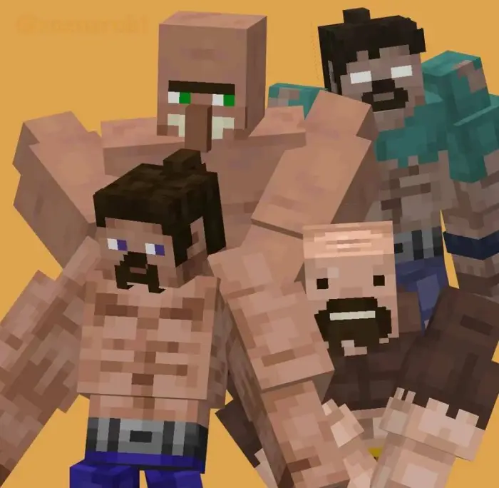 Blocky muscular characters with mustaches.
