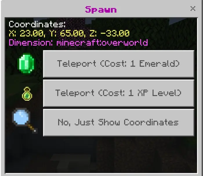 Teleport options menu with coordinates shown.