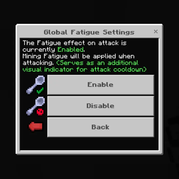 Game fatigue settings menu with enabledisable options