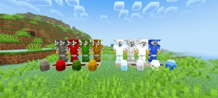 Elemental armor sets displayed on stands