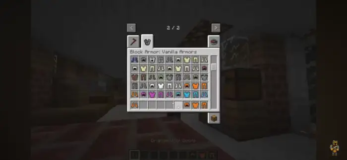 Grid of block-themed armor sets in mod menu