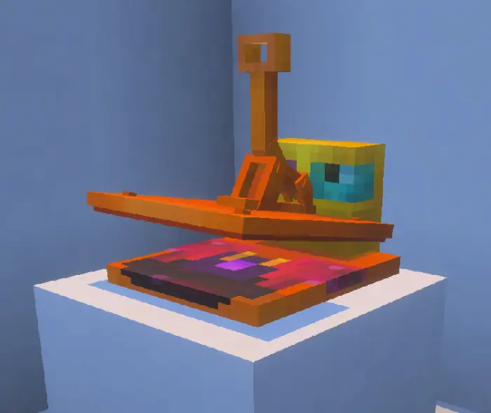 Colorful pixelated vanity armor display.