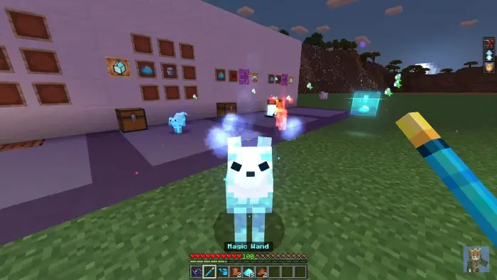 Ghost pet and magic wand in grassy area