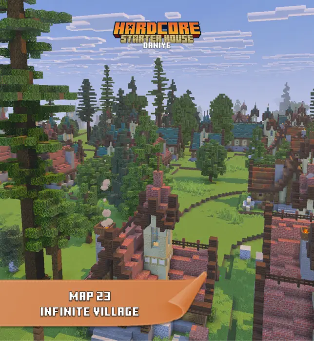 Pixel village with houses and tall trees
