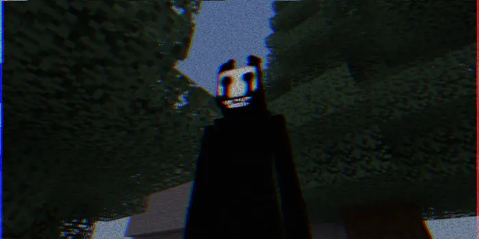 Creepy smiling mob under dark trees