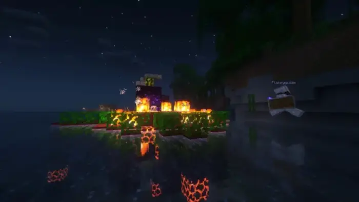 Players racing near a fiery portal at night