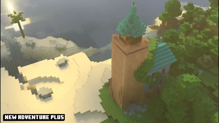 Tall tower by beach and forest, bright day